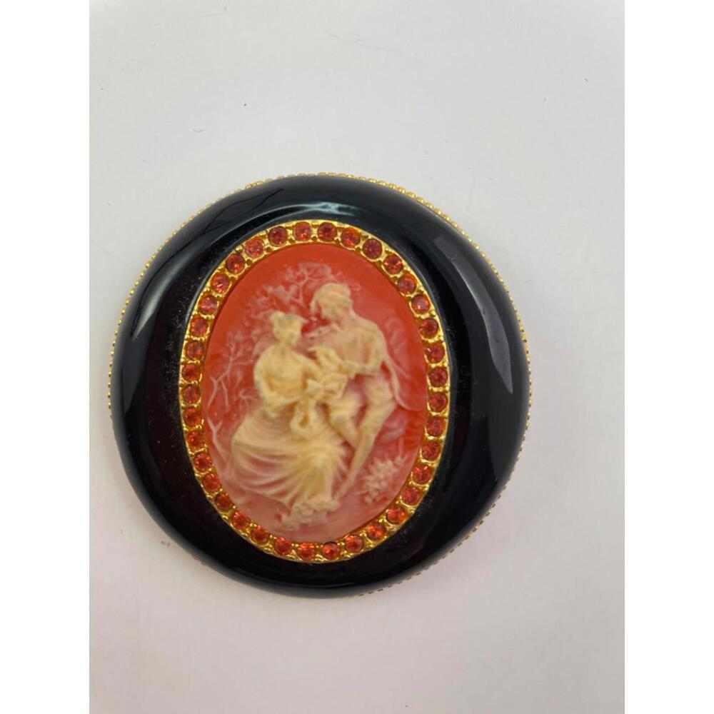 Vintage John Rivers Faux Pink Cameo Crystal Brooch‎ Black Gold Tone